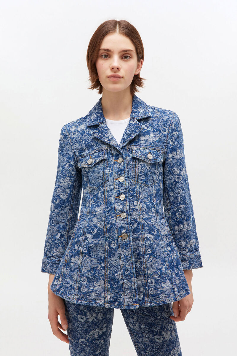 Blauer Jeansblazer mit Tapisseriemuster, Cotton, in colour Mid Blue Stone - 1 - GANNI