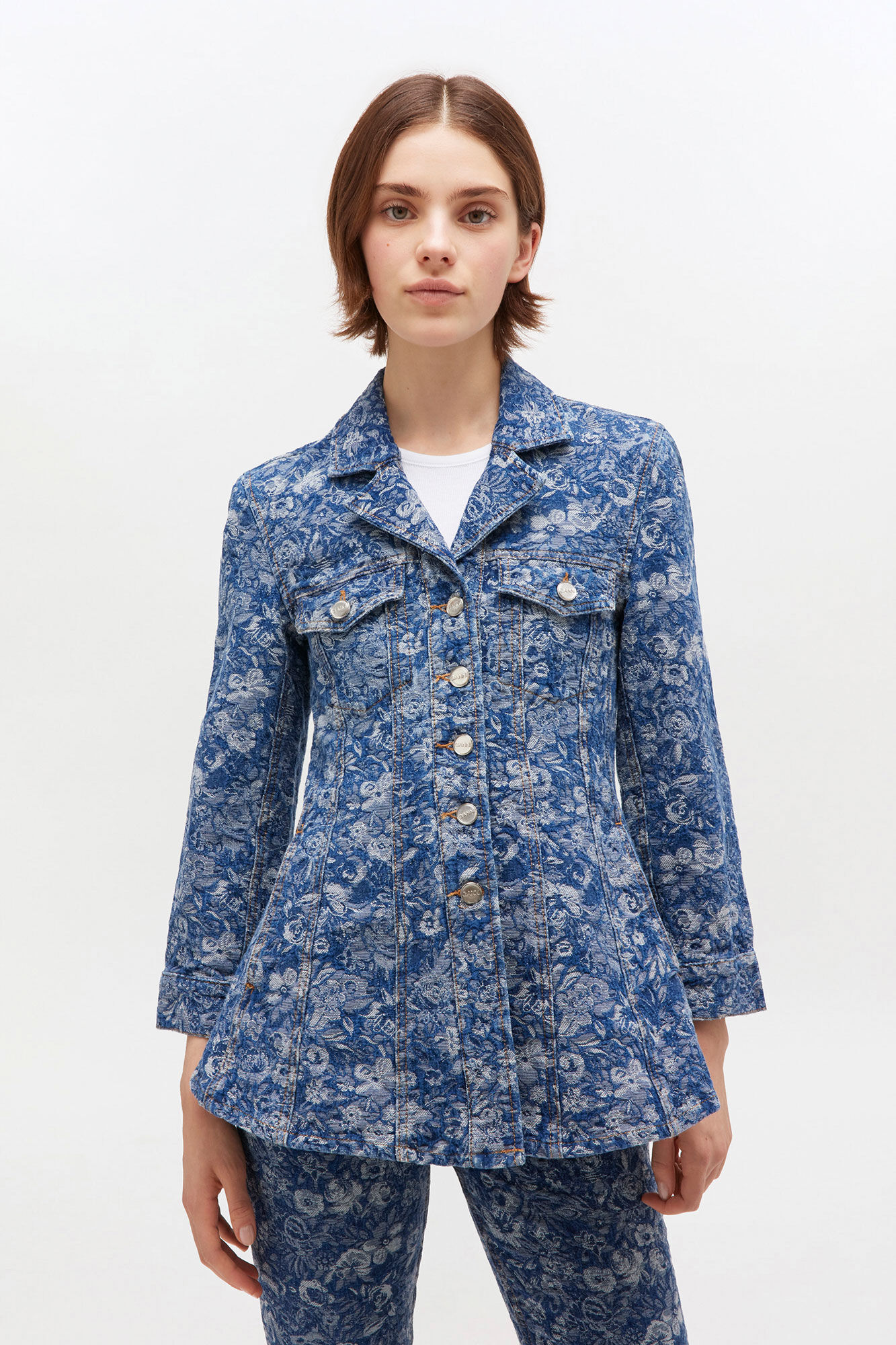 Robe courte à franges à motif tapisserie, Cotton, in colour Mid Blue Stone - 1 - GANNI
