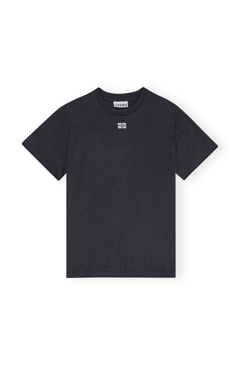 Dark Grey Relaxed Rhinestone T-shirt, Cotton, in colour Phantom - 1 - GANNI