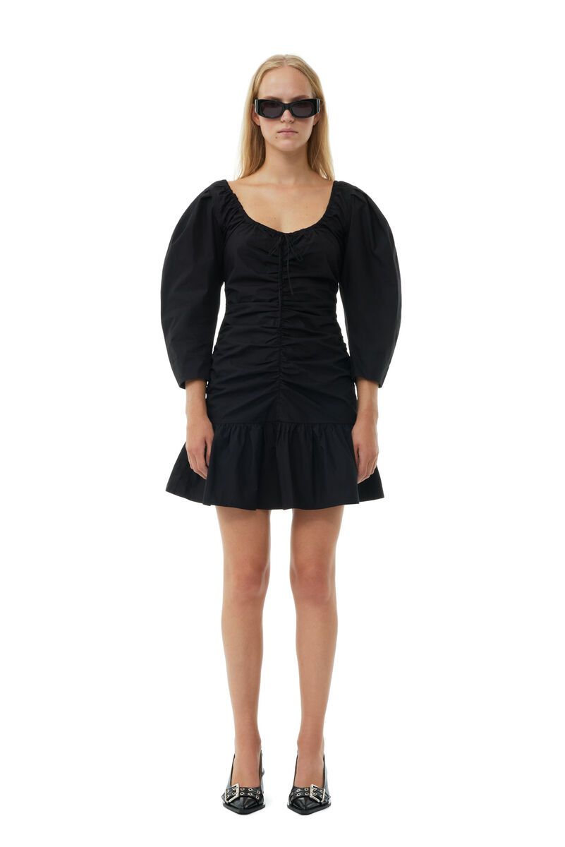 Black Cotton Poplin Gathered U-neck Mini Dress, Cotton, in colour Black - 1 - GANNI