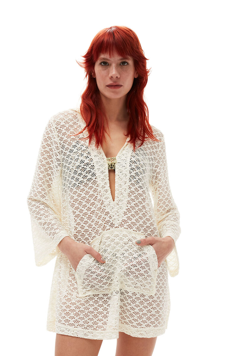 Mesh Lace Hoodie Mini Dress, Elastane, in colour Egret - 3 - GANNI
