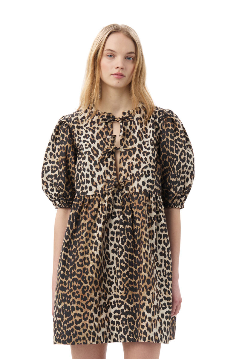 Leopard Printed Cotton Tie String Mini Dress, Cotton, in colour Leopard - 2 - GANNI