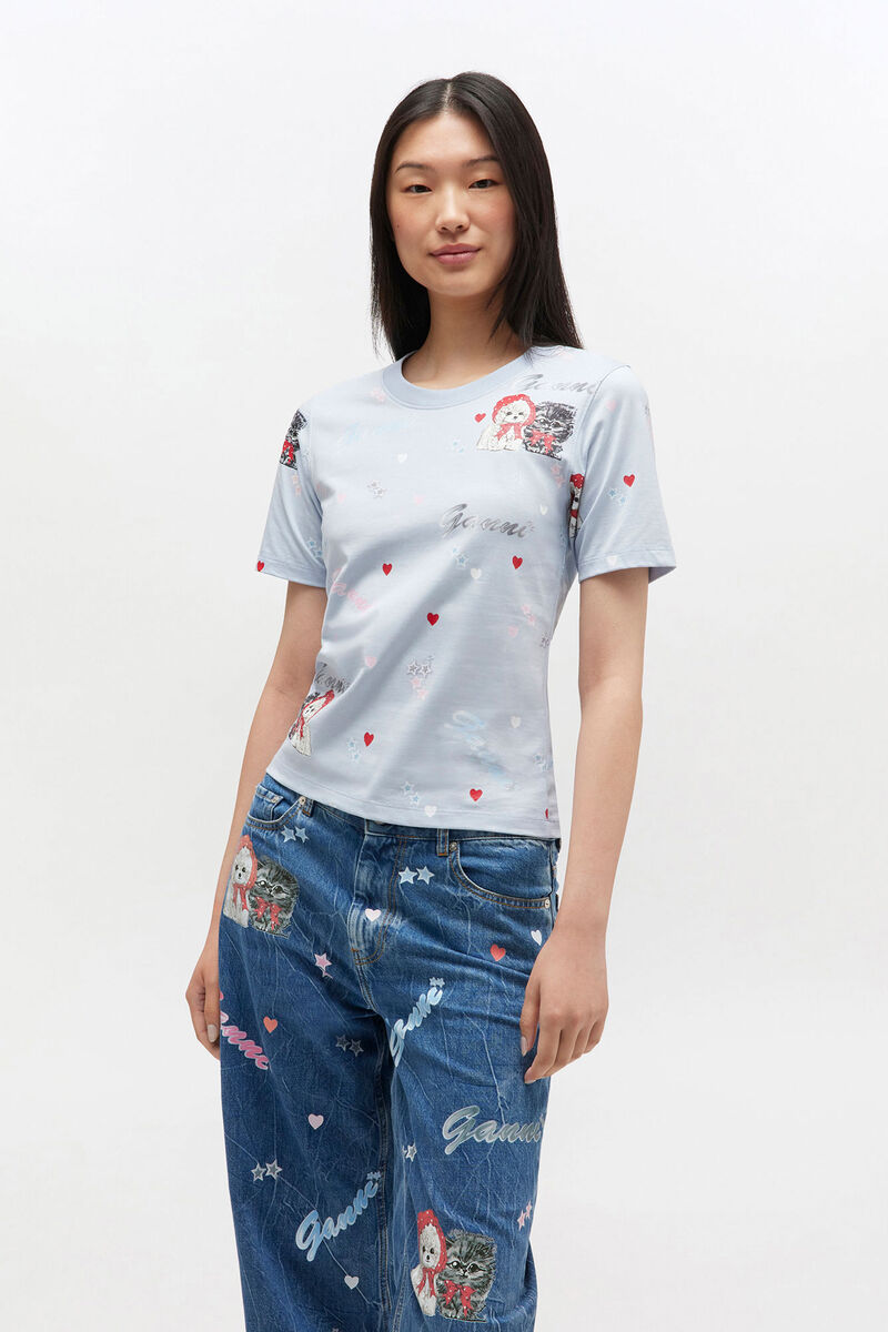 Grey Cropped Animal T-shirt, Cotton, in colour Soft Chambray - 2 - GANNI