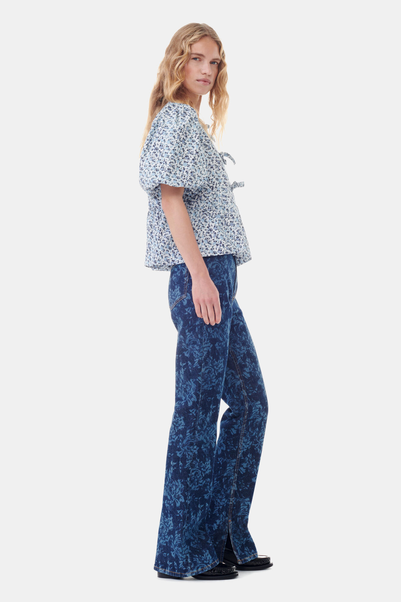 Floral Printed Cotton Poplin Peplum Blouse, Cotton, in colour Glacier Lake - 3 - GANNI