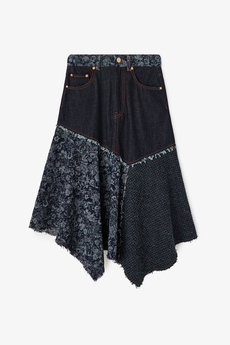 Skirt in Patchwork Denim, Organic Cotton, in colour Rinse - 1 - GANNI