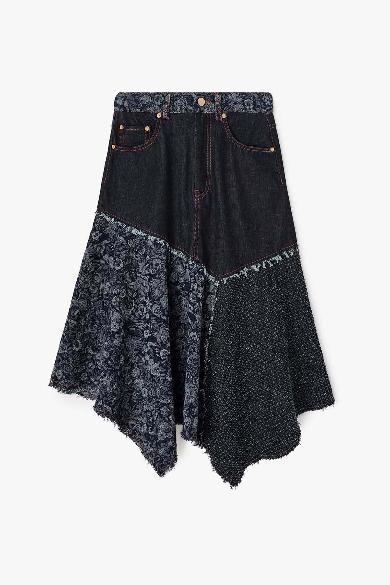 Skirt in Patchwork Denim, Organic Cotton, in colour Rinse - 1 - GANNI