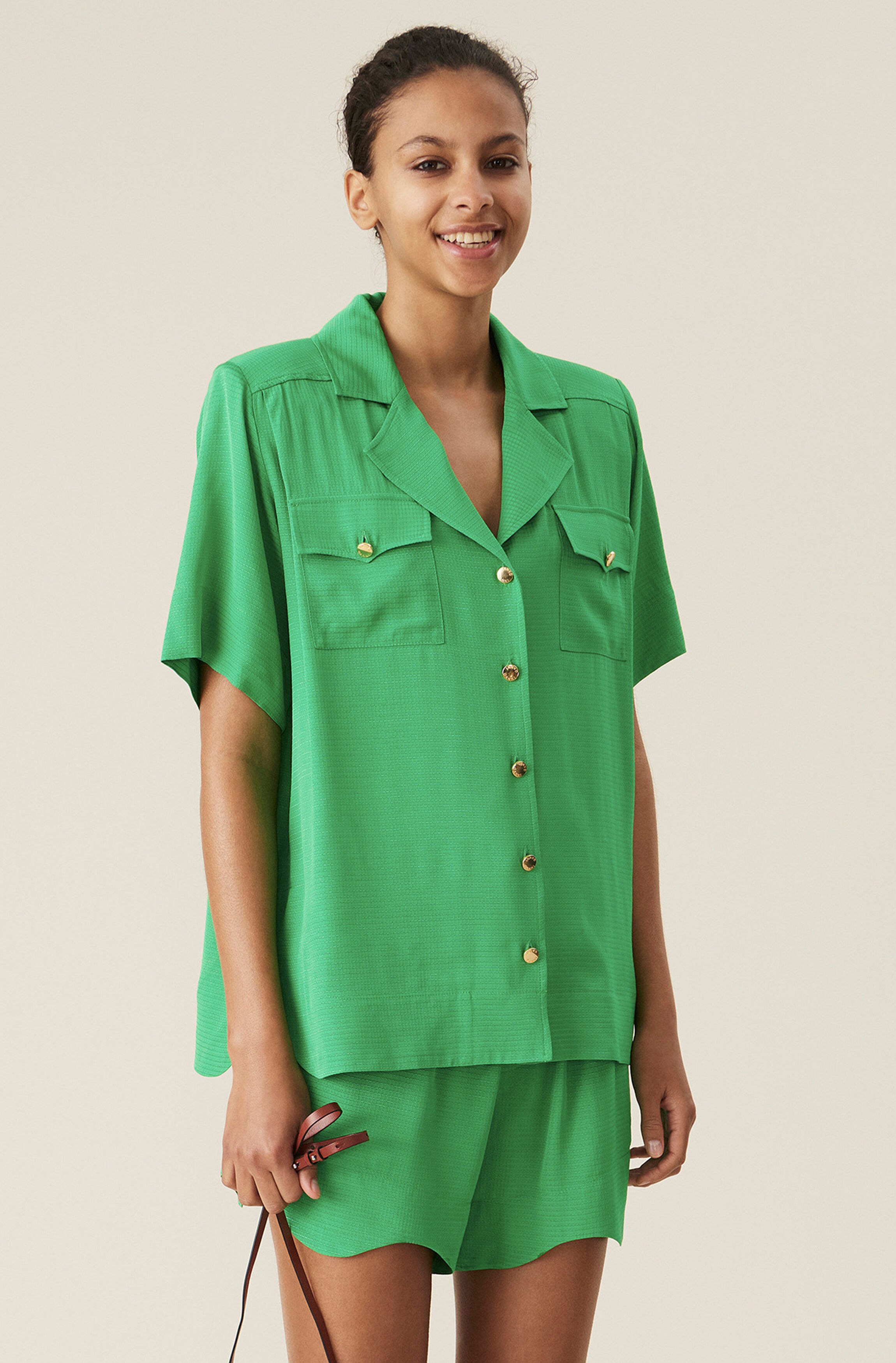 Green Ripstop Short-sleeves Shirt, Viscose, in colour Kelly Green - 1 - GANNI