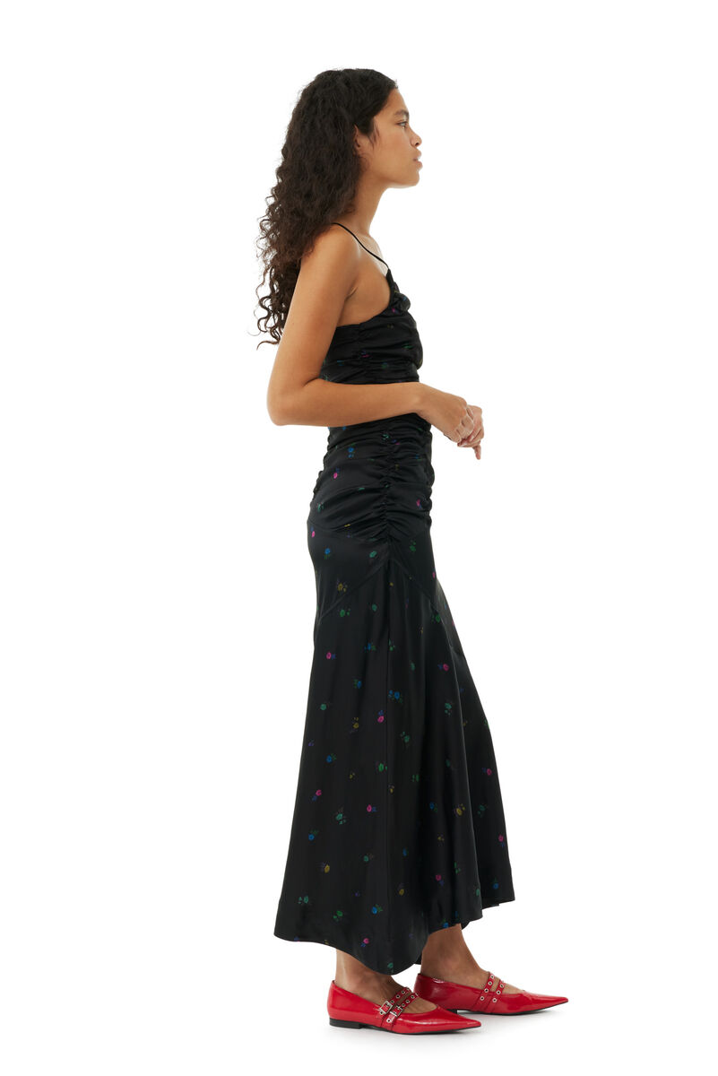 Floral Satin Ruched Long Slip klänning, in colour Black - 3 - GANNI