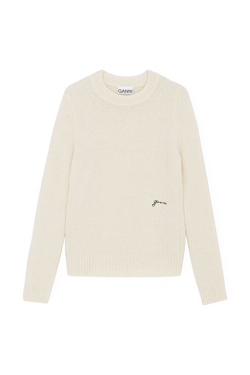 Ganni Womens Egret Logo-embroidered Round-neck Alpaca-blend Jumper In White