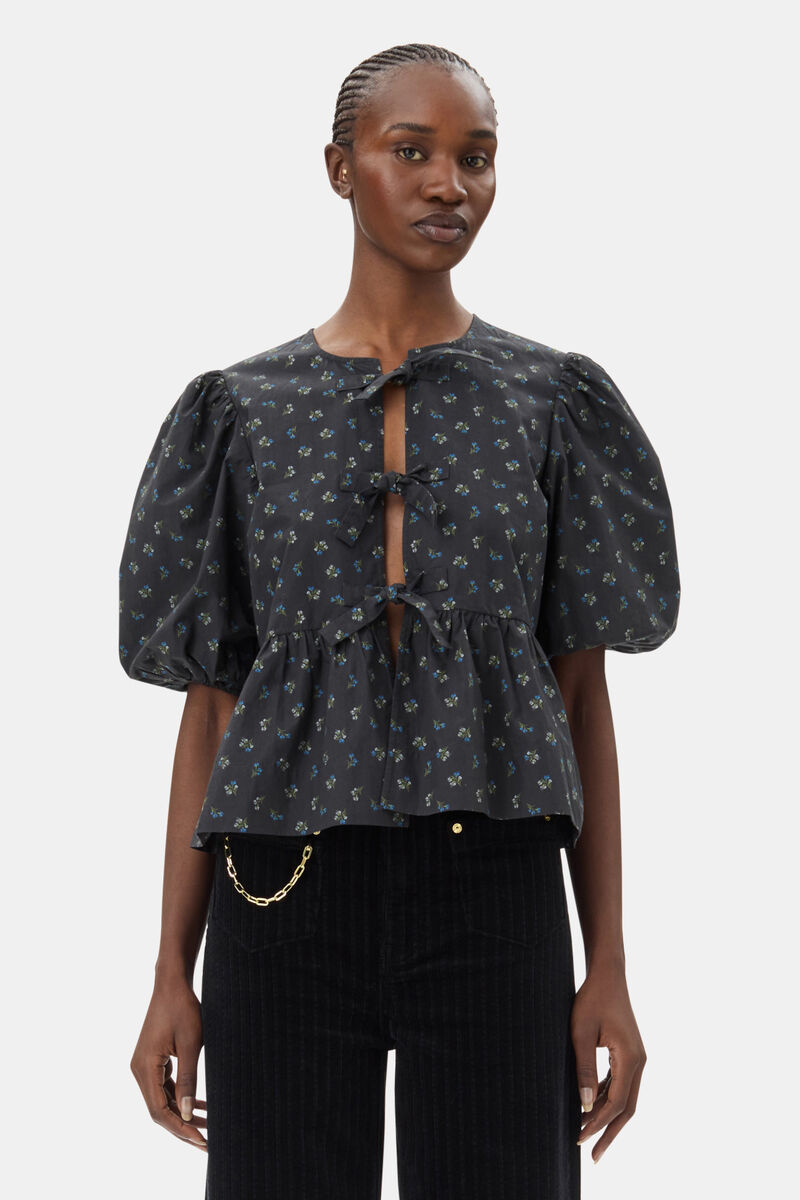 Black Printed Cotton Peplum Blouse, Cotton, in colour Phantom - 1 - GANNI