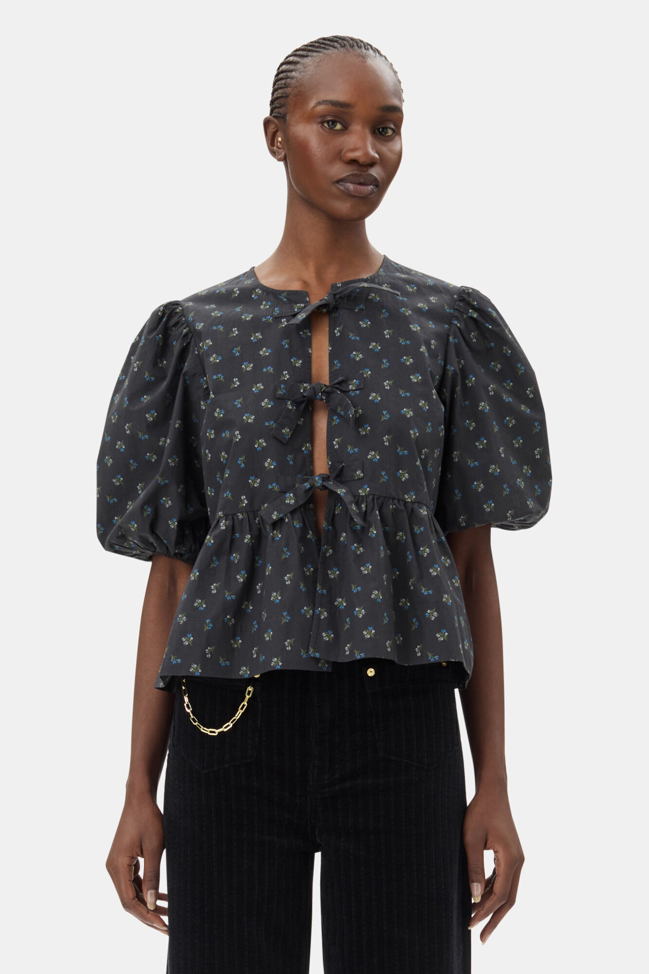 Black Printed Cotton Peplum Blouse, Cotton, in colour Phantom - 1 - GANNI