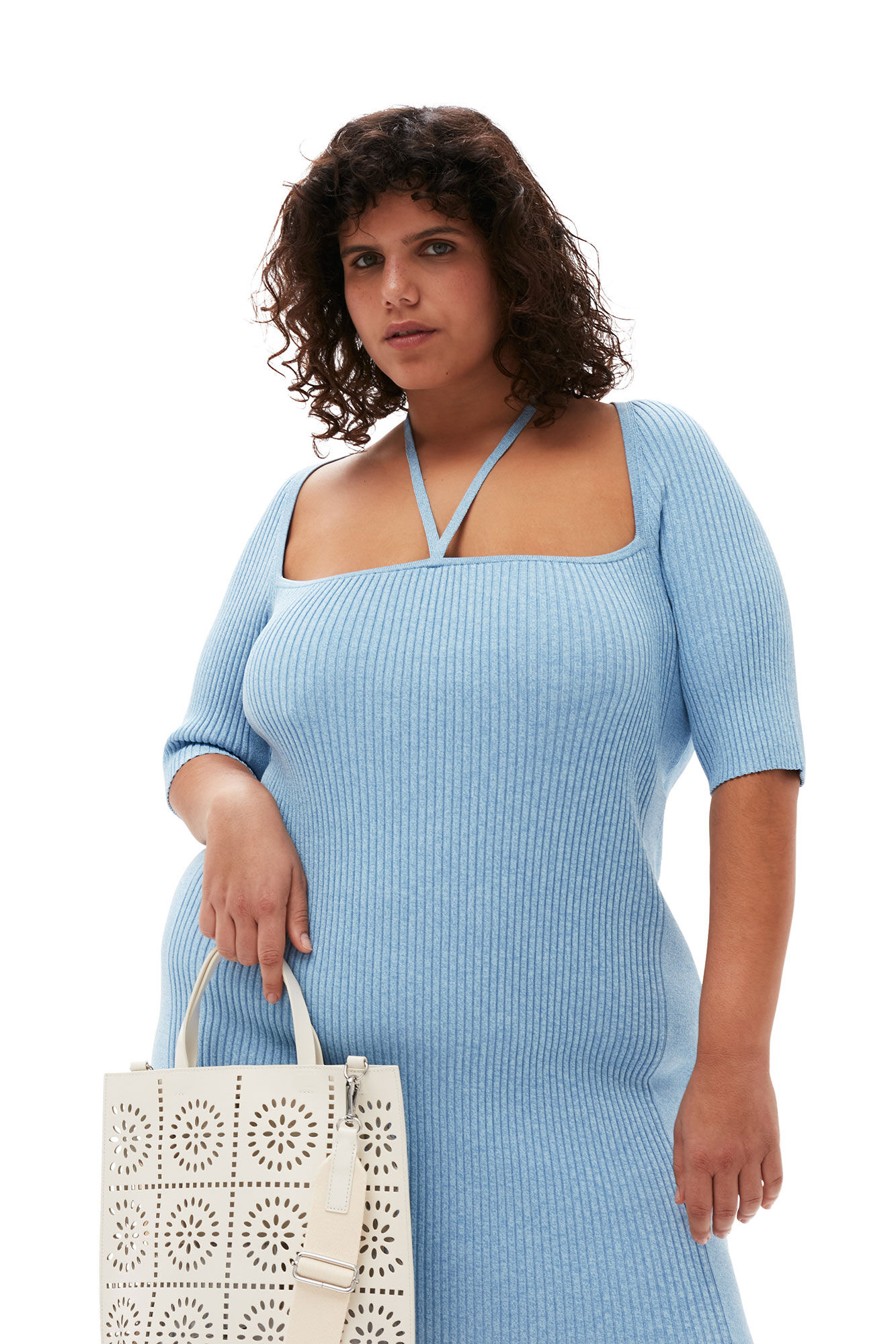 Melange Knit Mini Dress, Elastane, in colour Ethereal Blue - 8 - GANNI