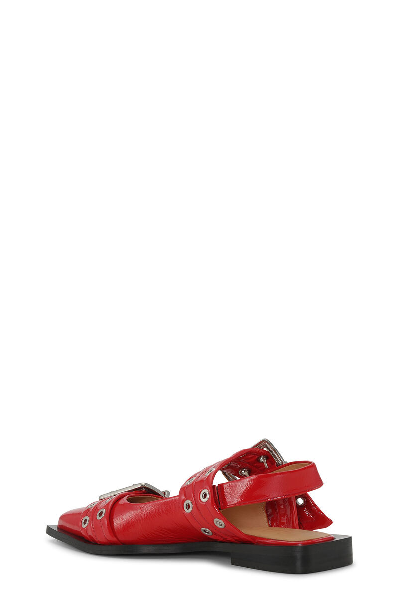 Red Wide Welt Buckle Ballerinas, Polyurethane, in colour Racing Red - 2 - GANNI