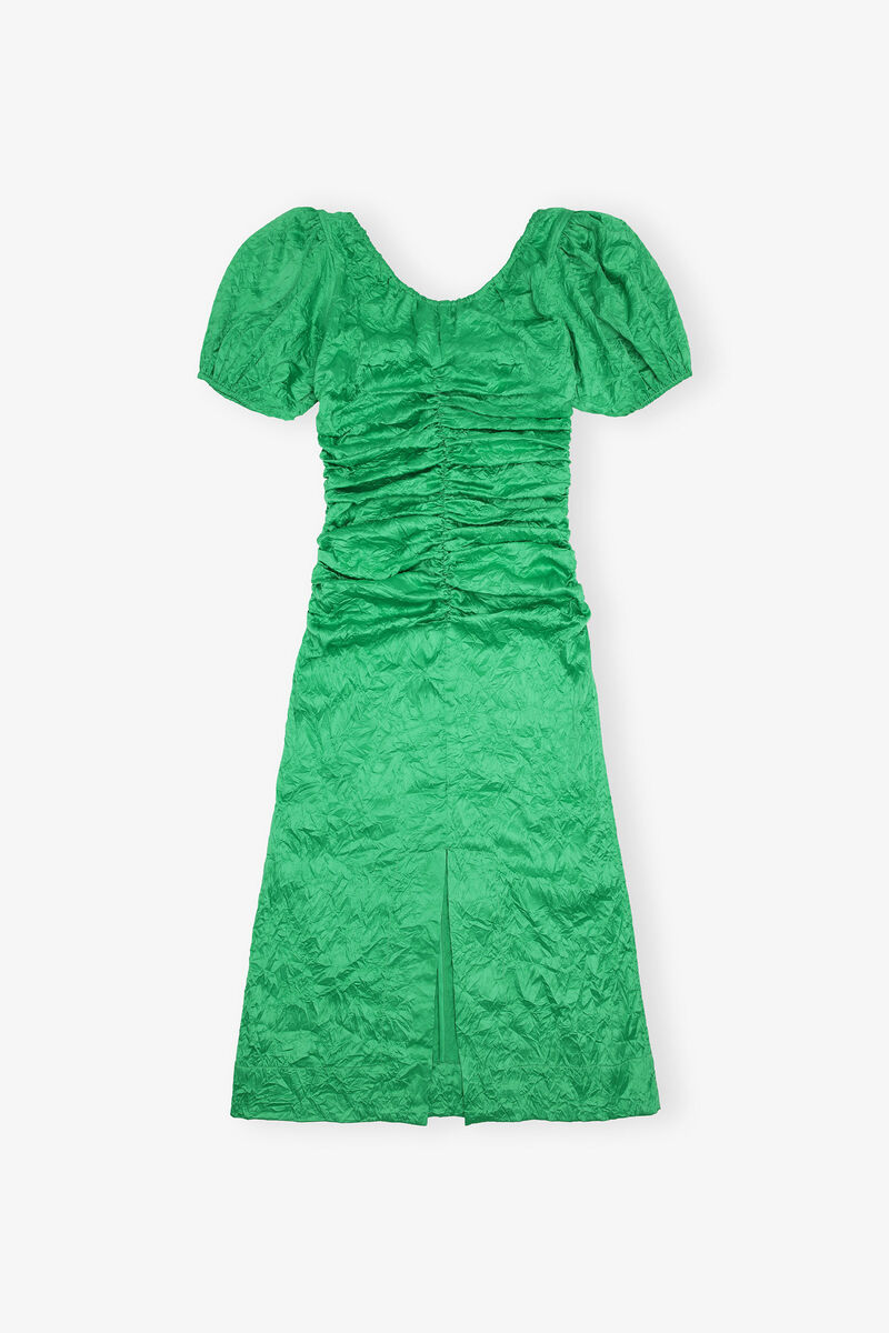 Green Crinkled Satin Midi Dress, Recycled Polyester, in colour Bright Green - 2 - GANNI