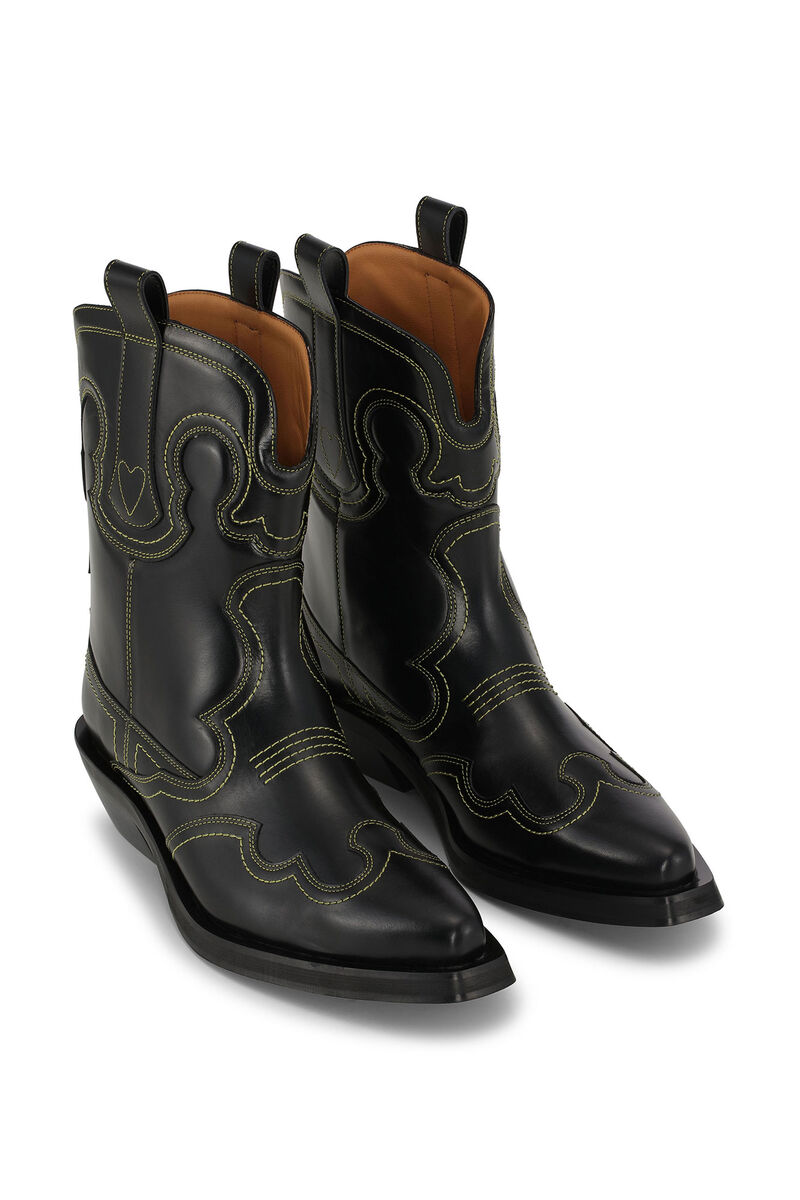 Embroidered Western Boots, Calf Leather, in colour Black/Yellow - 3 - GANNI