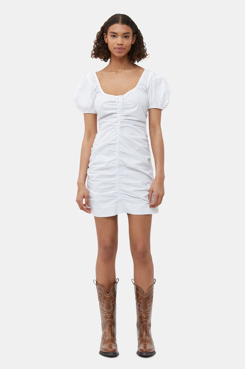 Ganni Gerafftes Minikleid Aus Baumwollpopeline In White
