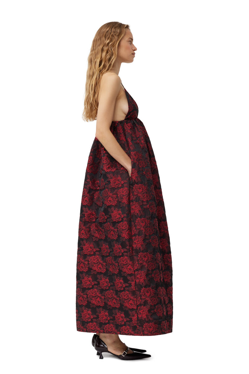 Botanical Jacquard Long Strap Dress, Polyamide, in colour High Risk Red - 3 - GANNI