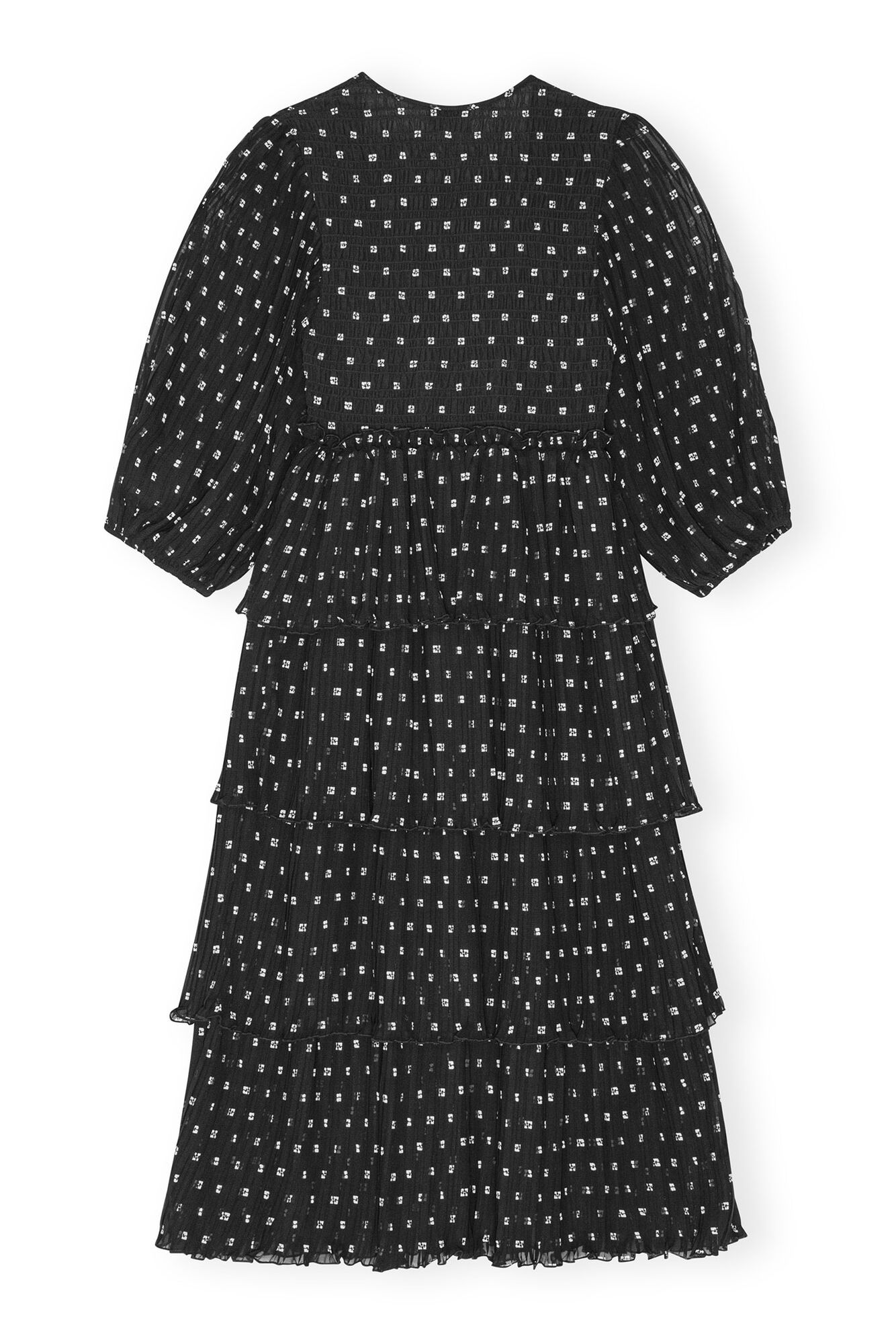 Black Pleated Georgette Flounce Smock Midi Dress, Recycled Polyester, in colour Black - 2 - GANNI