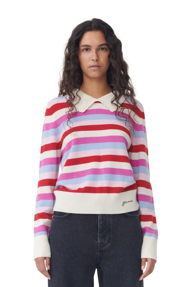 Striped Collar tröja, Cashmere, in colour Egret - 1 - GANNI