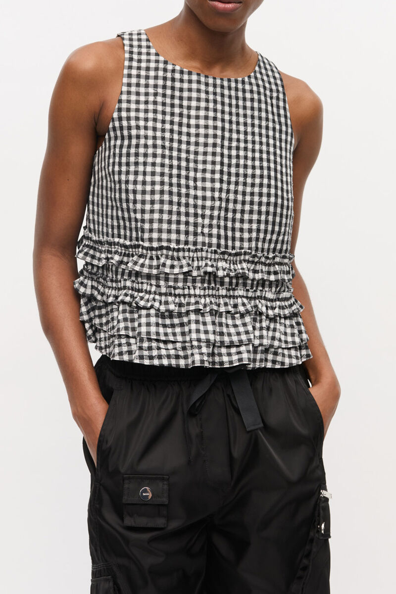Crinkled Check Frill Top, Recycled Polyester, in colour Black - 1 - GANNI