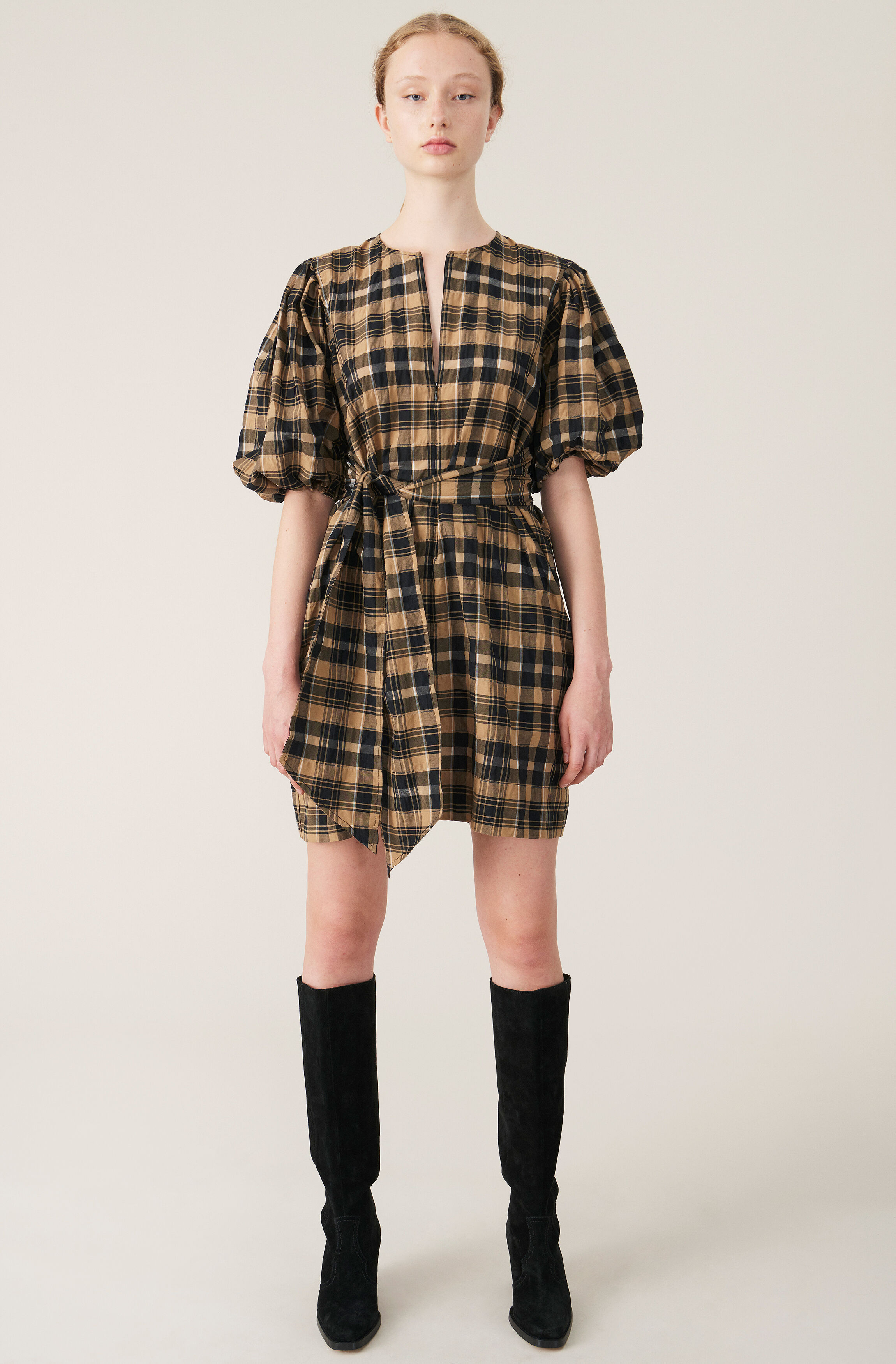Ganni Seersucker Check Mini Dress In 