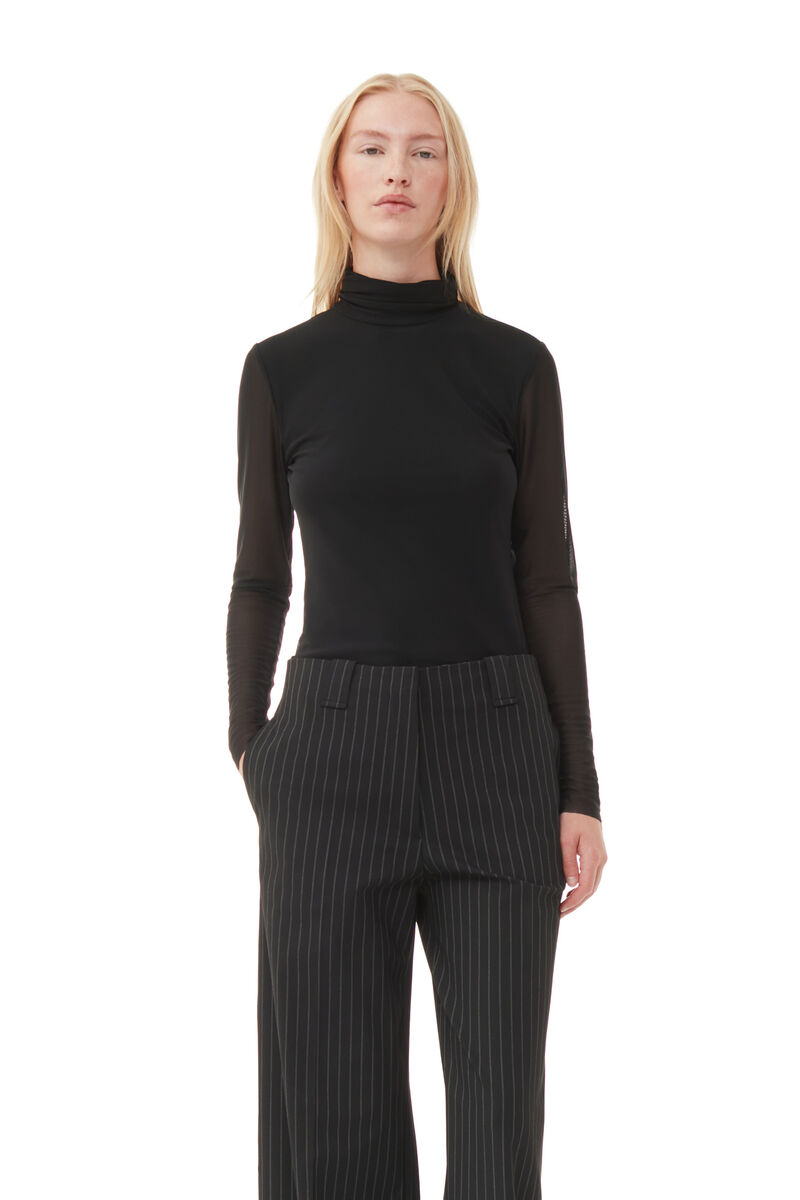 Striped High-waisted Wide Trousers, Elastane, in colour Black - 4 - GANNI