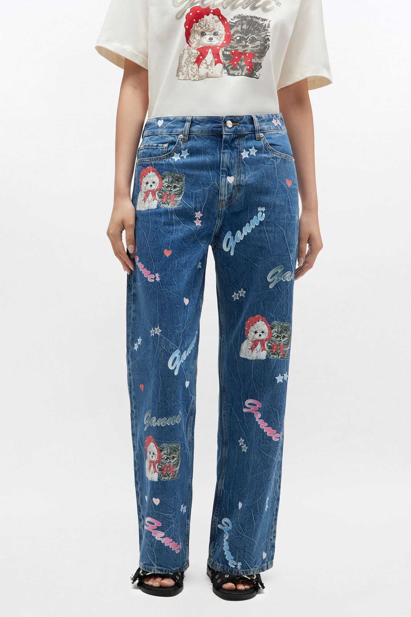 Starry Animal Izey Jeans, Cotton, in colour Mid Blue Stone - 2 - GANNI