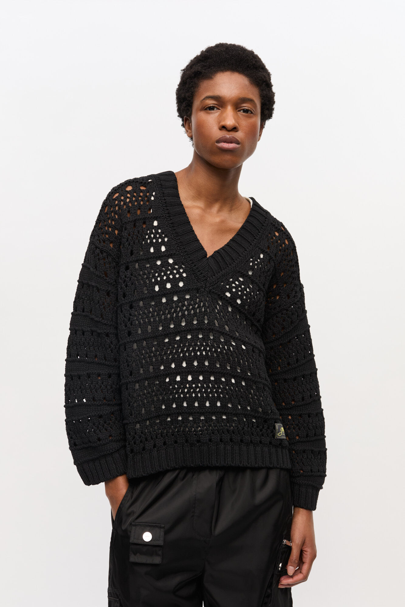 Black Crochet V-neck Jumper, Recycled Cotton, in colour Black - 1 - GANNI
