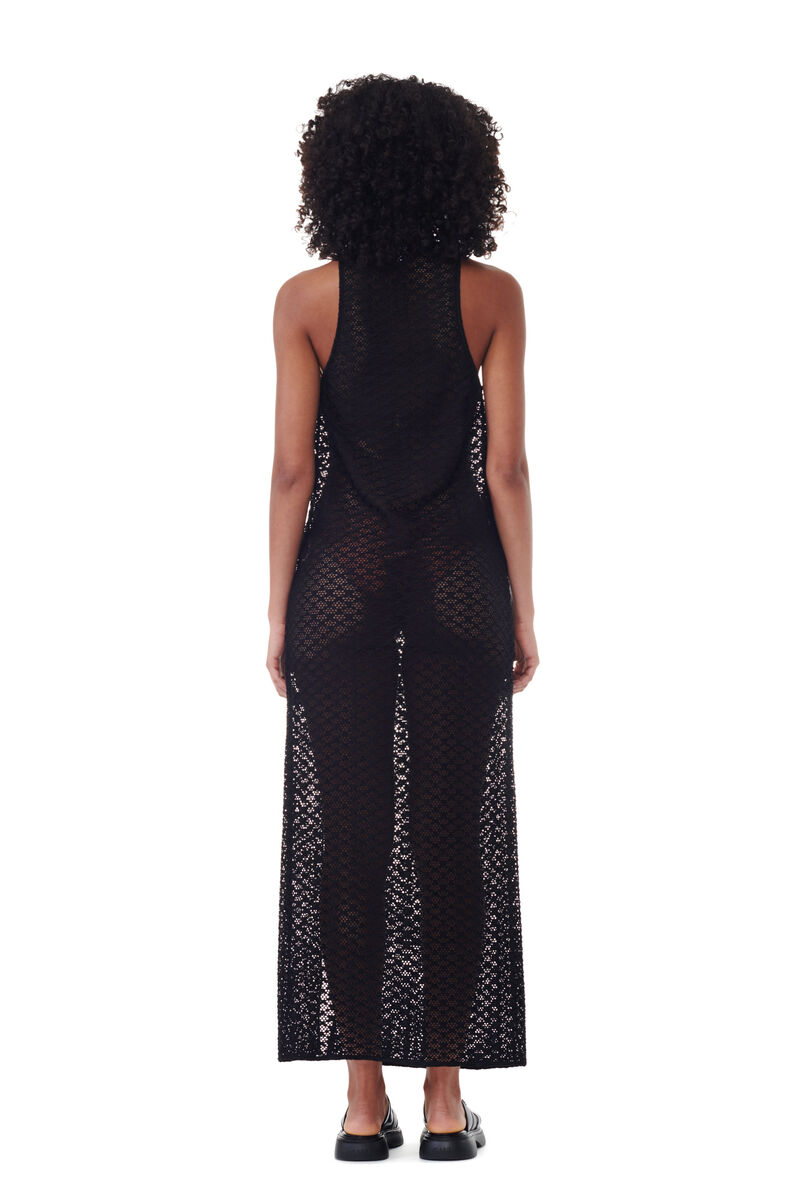 Black Mesh Lace Long Dress, Elastane, in colour Black - 4 - GANNI