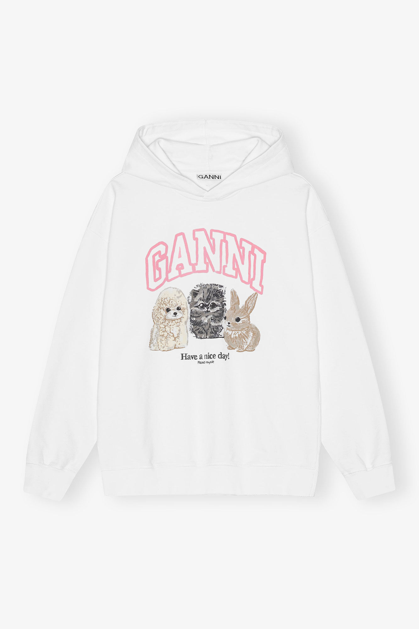 White Animal Print Hoodie, Cotton, in colour Bright White - 1 - GANNI