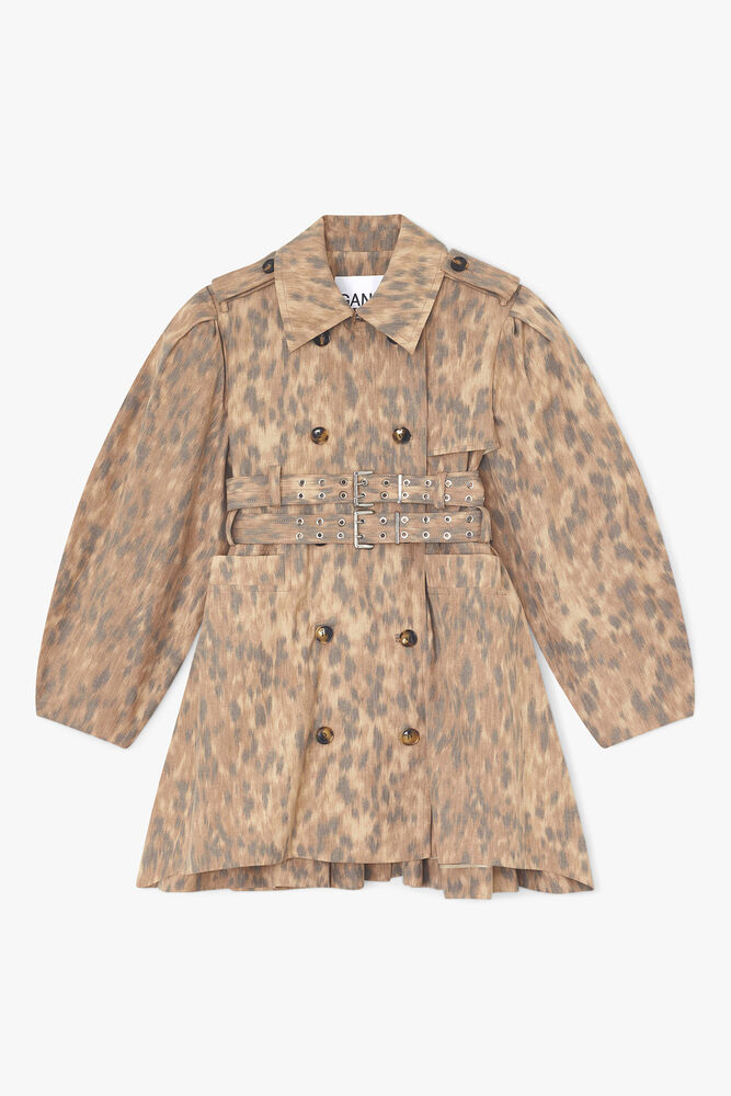 Trench Coat in Printed Cotton, Burro