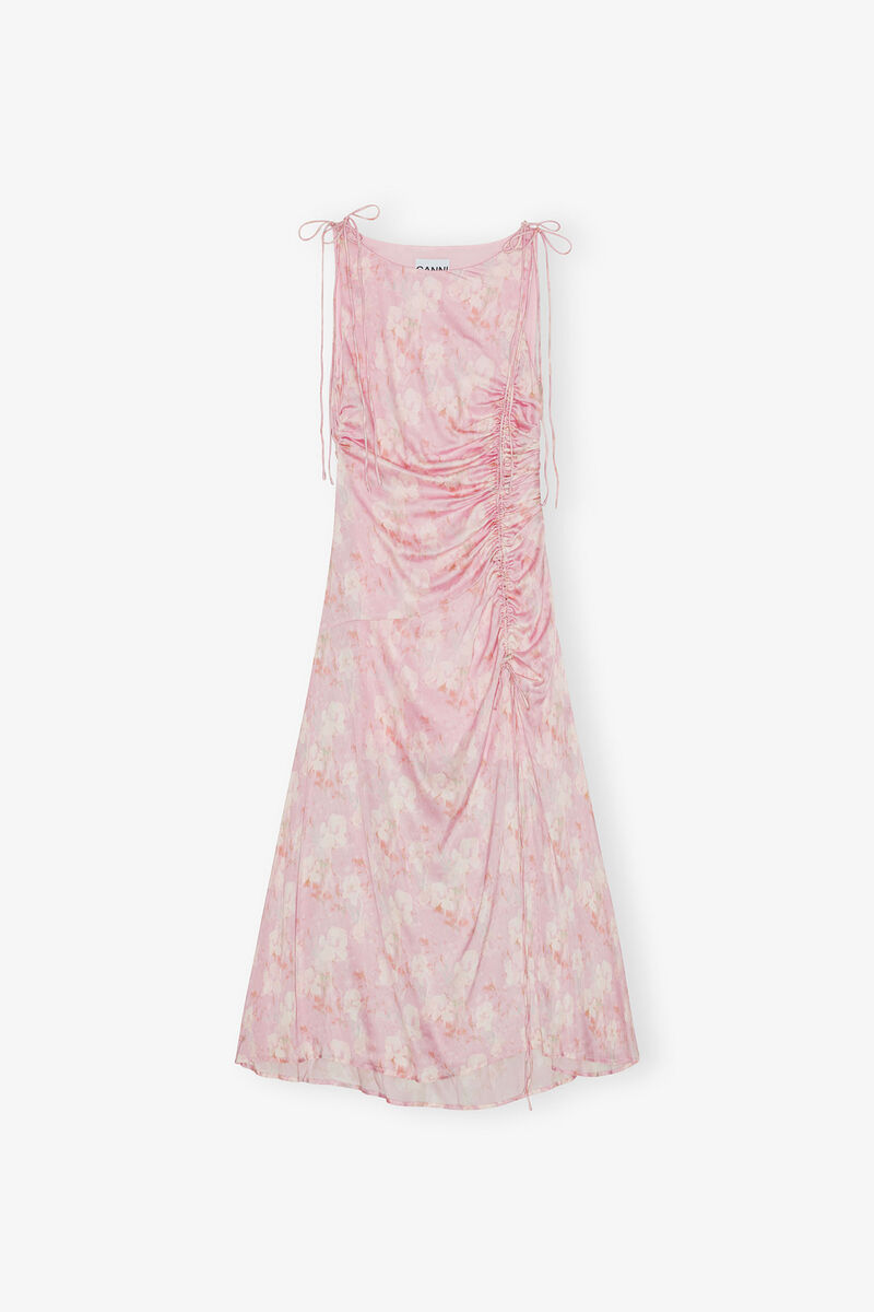 Pink Printed Satin Gathered Dress, Viscose, in colour Primrose Pink - 1 - GANNI