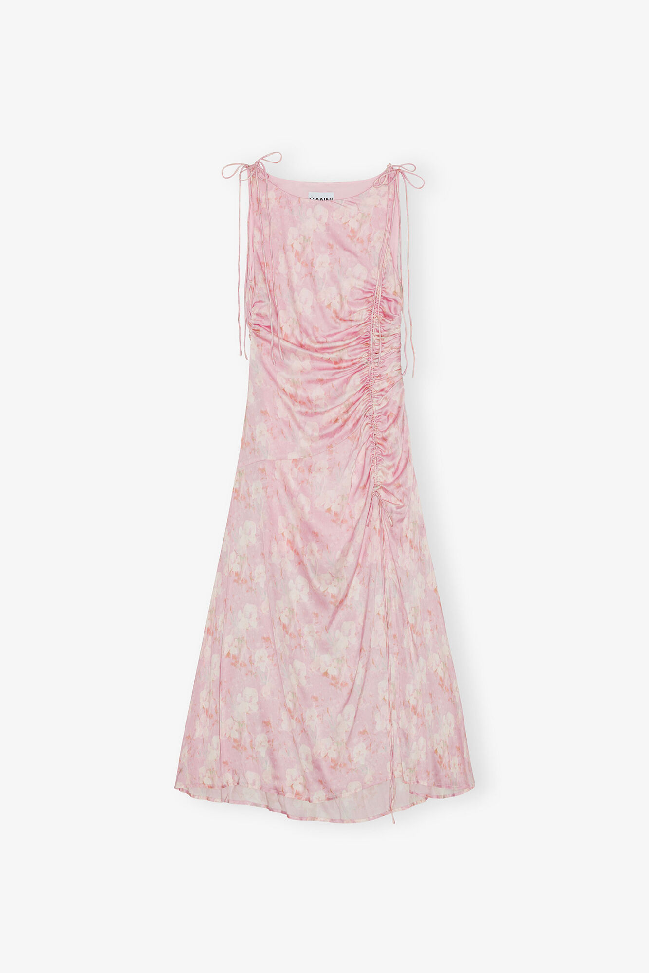 Kjole i pink satin med print og rynkedetaljer, Viscose, in colour Primrose Pink - 1 - GANNI