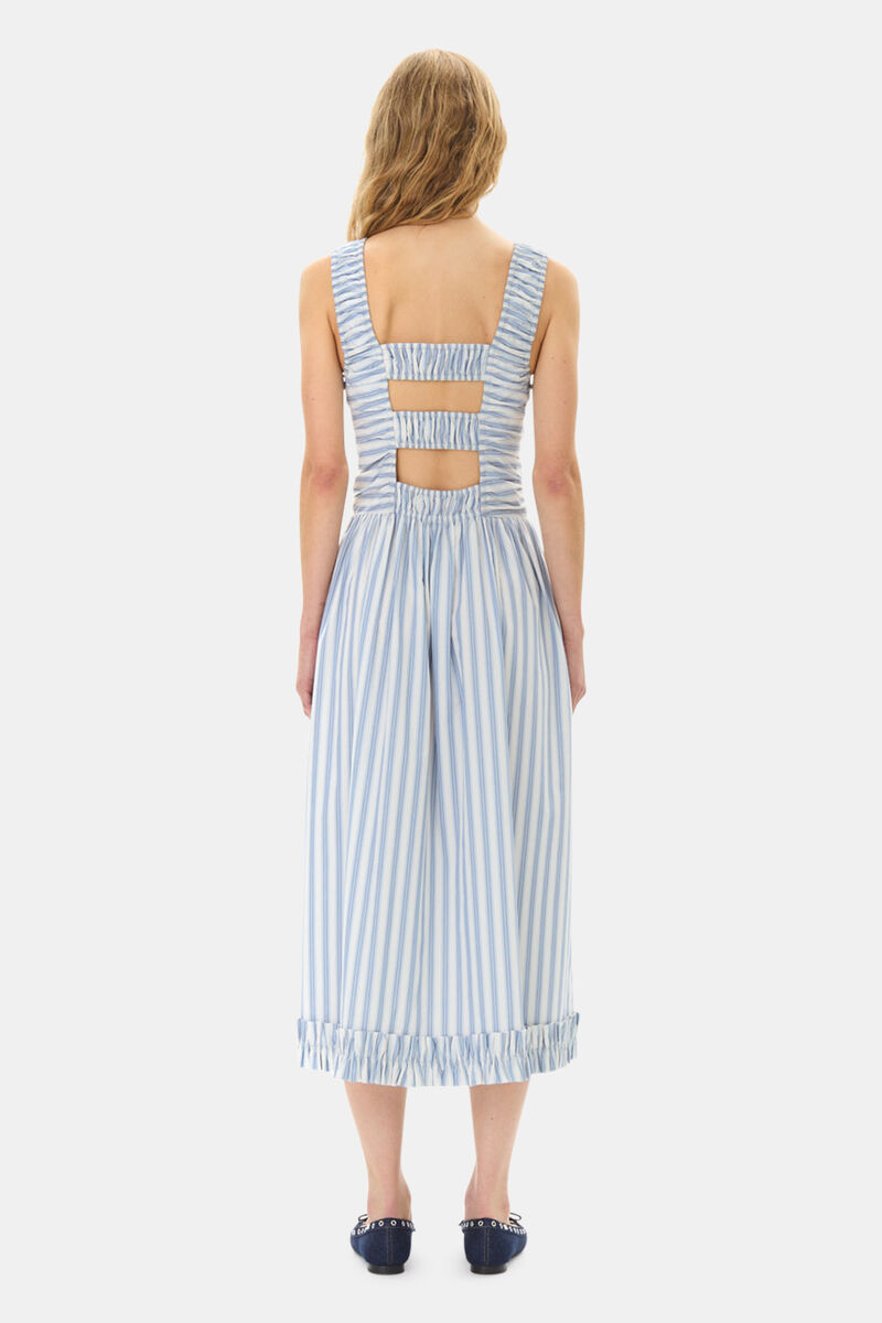 Blue Stripe Cotton Midi Strap Smock Dress, Cotton, in colour Egret - 4 - GANNI