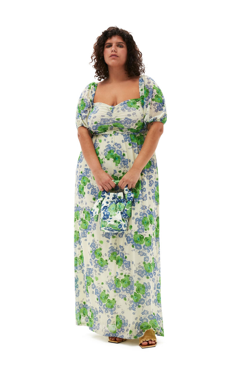 Printed Mesh Puff Sleeves Long Dress, Recycled Nylon, in colour Egret - 5 - GANNI