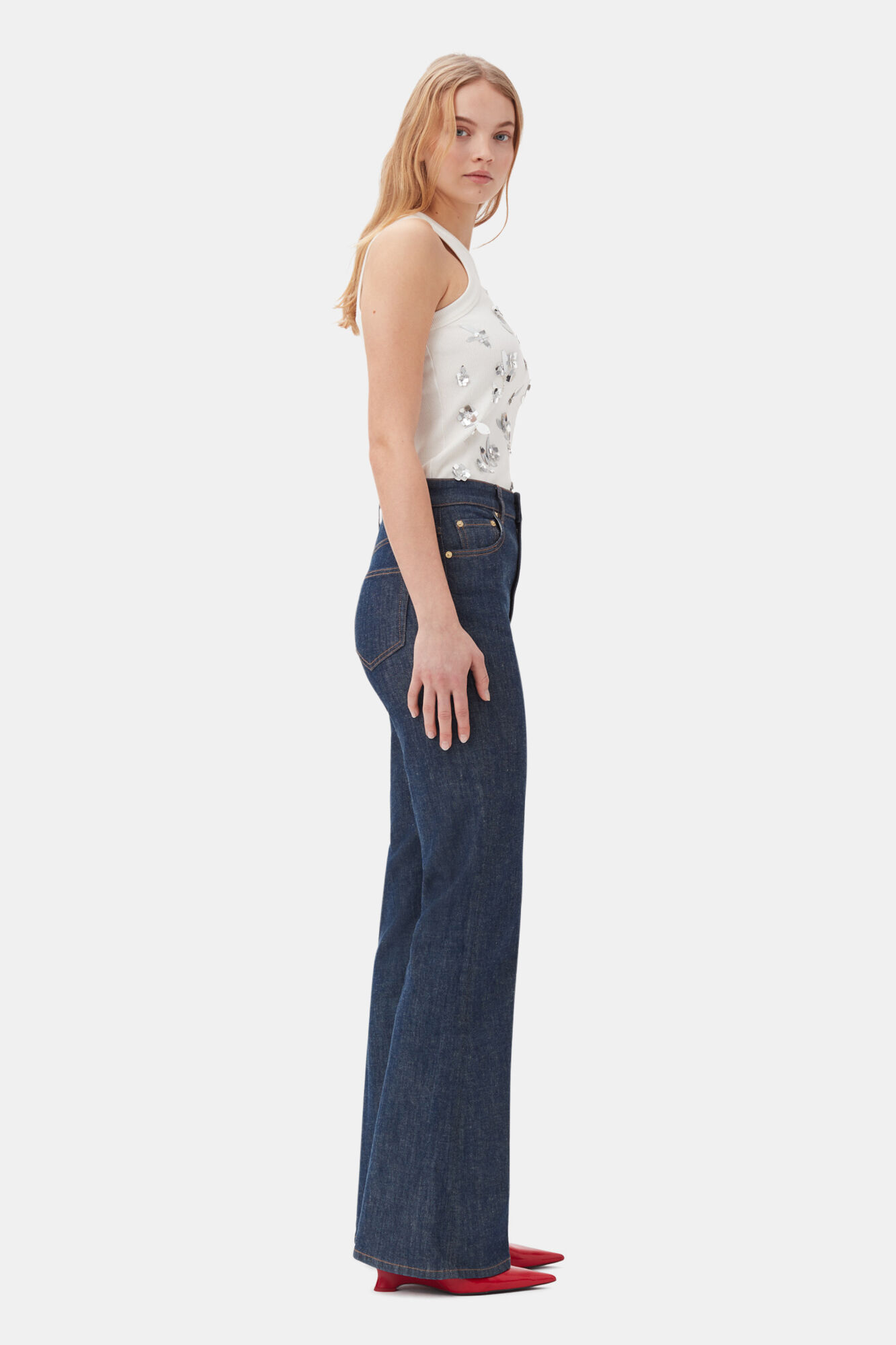 White Rib Jersey Embellished Tank Top, Elastane, in colour Bright White - 3 - GANNI