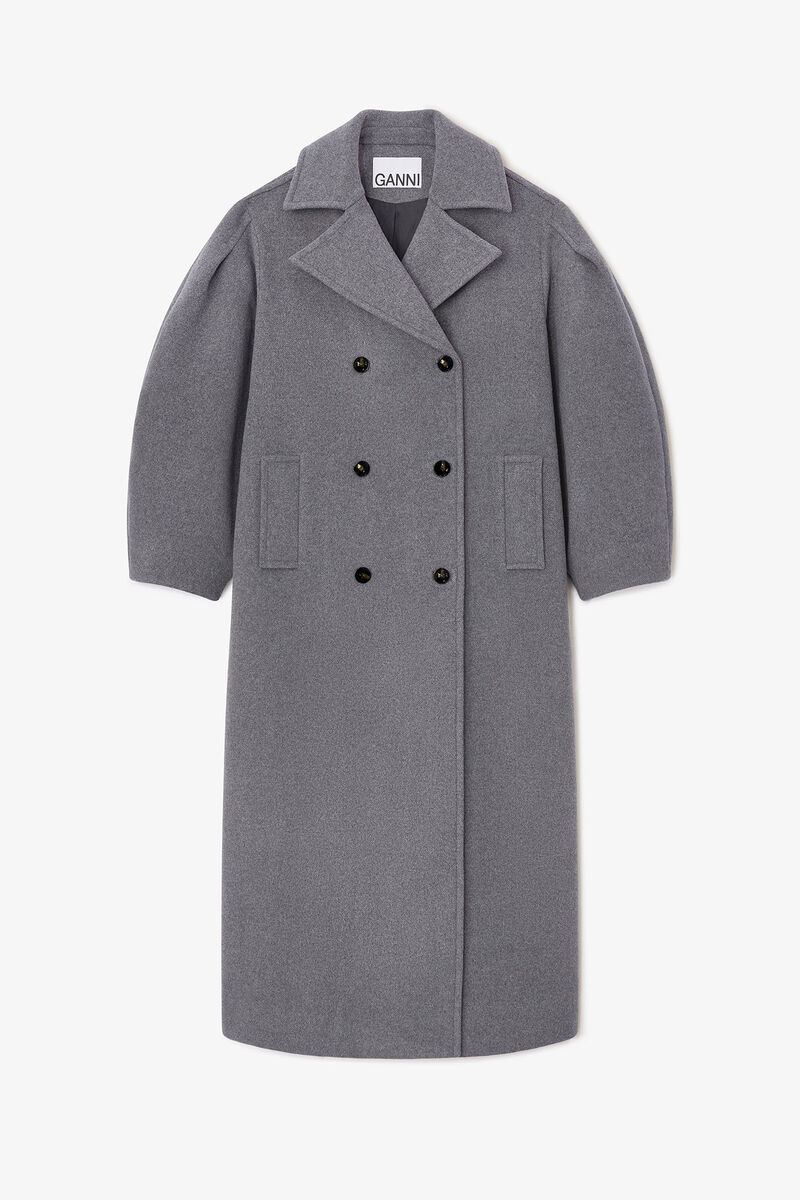 Grey Wool Oversized Long Peacoat, Nylon, in colour Pewter - 1 - GANNI