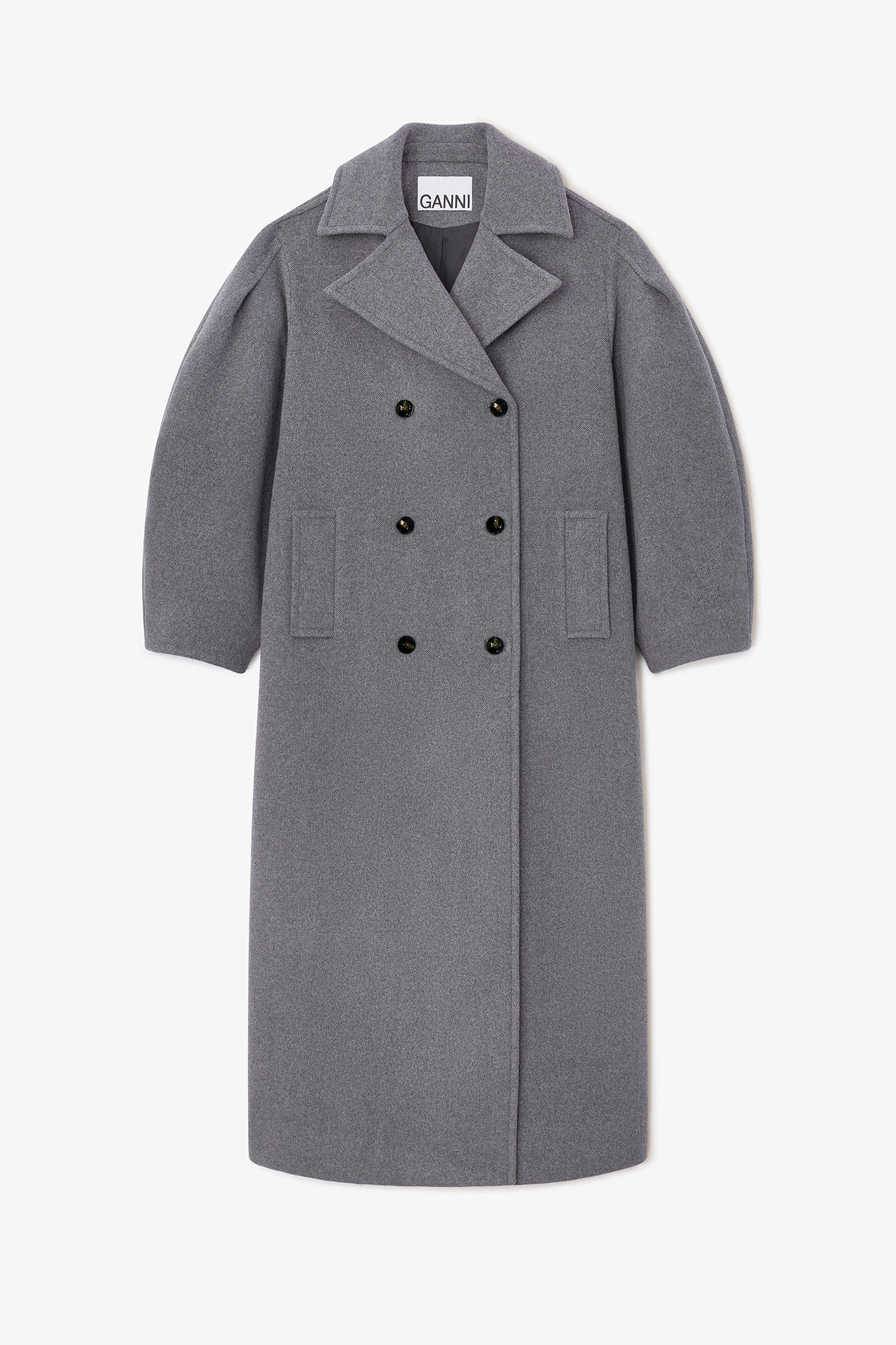 Grey Wool Oversized Long Peacoat, Nylon, in colour Pewter - 1 - GANNI