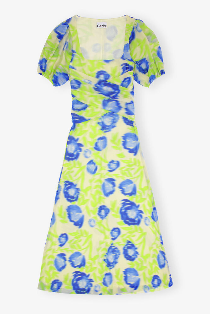 Printed Mesh Puff Sleeve Midi Dress, Strong Blue