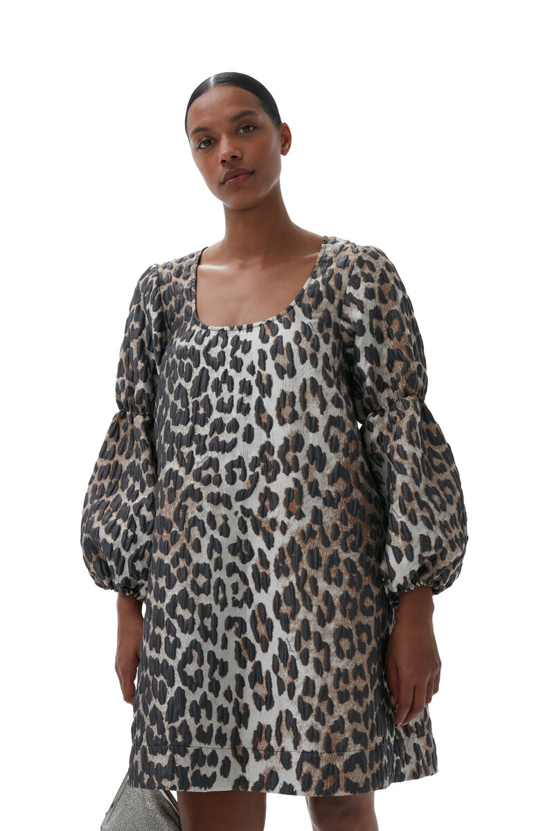 3D Leopard Jacquard Mini Dress, in colour Big Leopard Almond Milk - 3 - GANNI