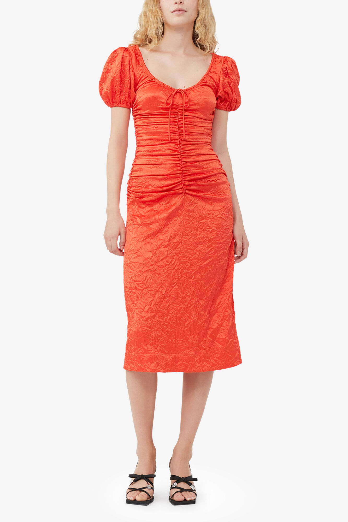 Red Crinkled Satin Midi Dress | GANNI US