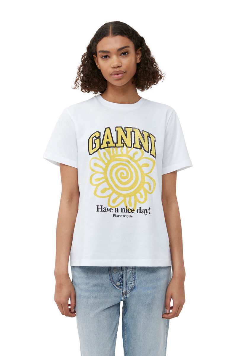 Relaxed Yellow Flower T-shirt, Cotton, in colour Bright White - 4 - GANNI