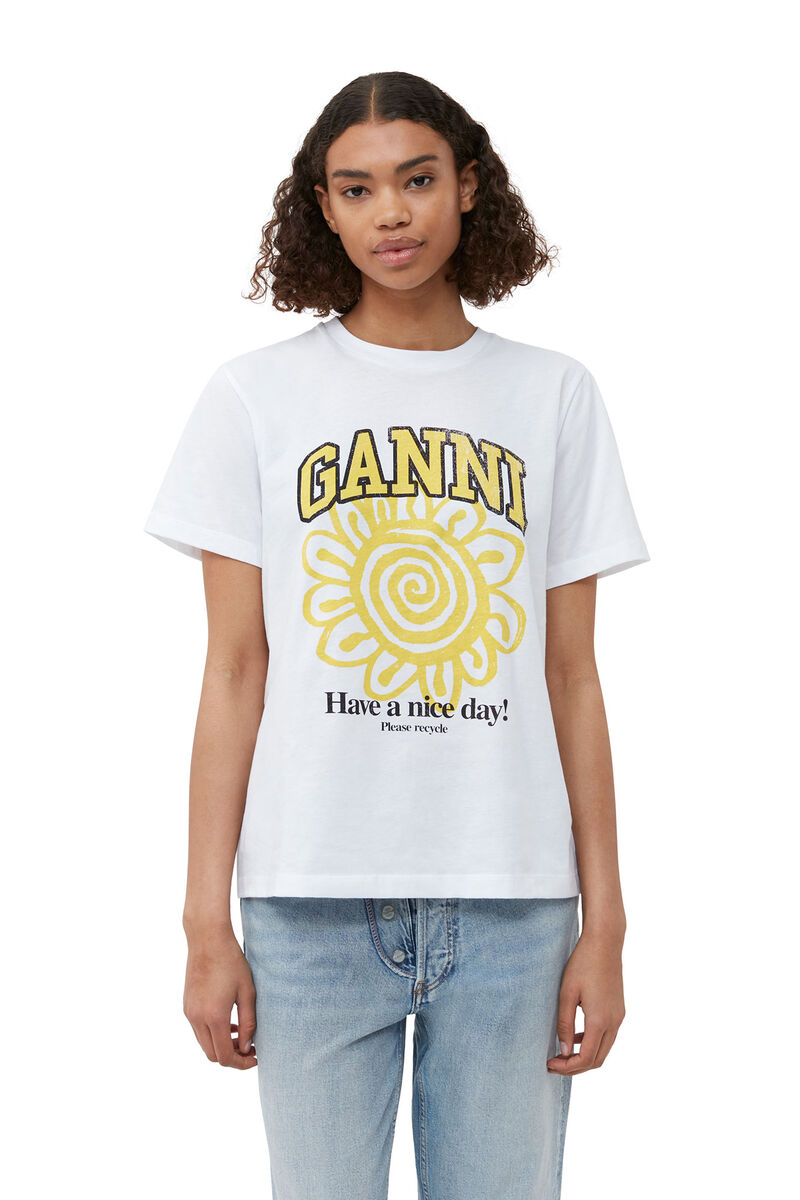 Ganni Short Sleeve Relaxed Yellow Flower T-Shirt in White | Women's Size 4XL | Cotton/Organic Cotton