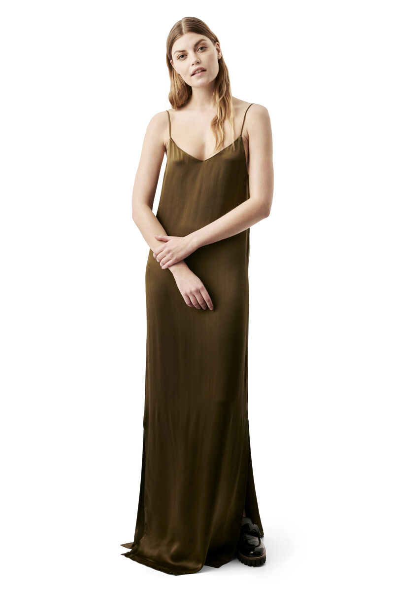 Sanders Satin Maxi Dress, in colour Dark Olive - 1 - GANNI