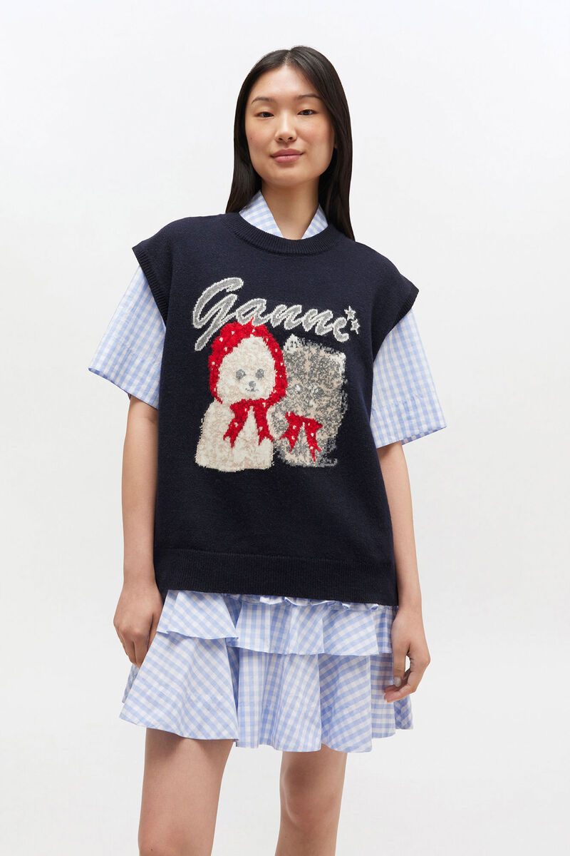 Black Animal Graphic Vest, Recycled Polyamide, in colour Sky Captain - 2 - GANNI