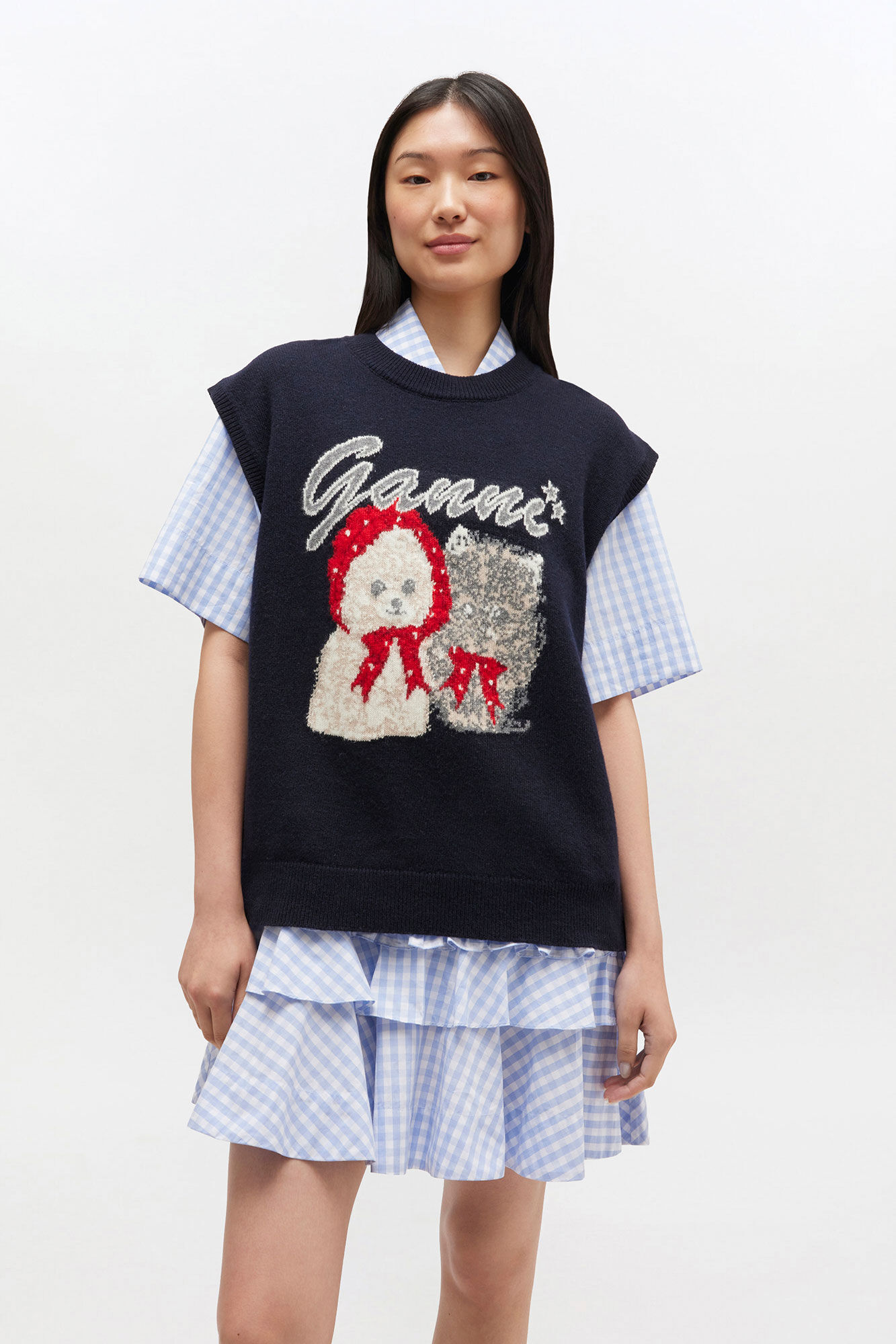 Black Animal Graphic Vest, Recycled Polyamide, in colour Sky Captain - 2 - GANNI