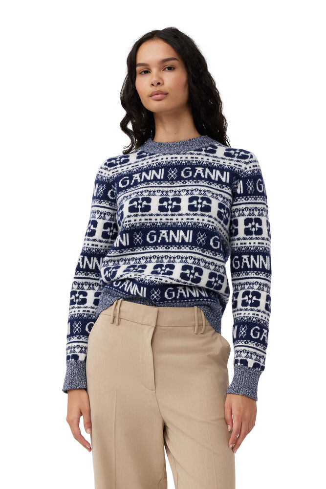 GANNI Blue Logo Wool Mix O-neck Pullover,Sky Captain