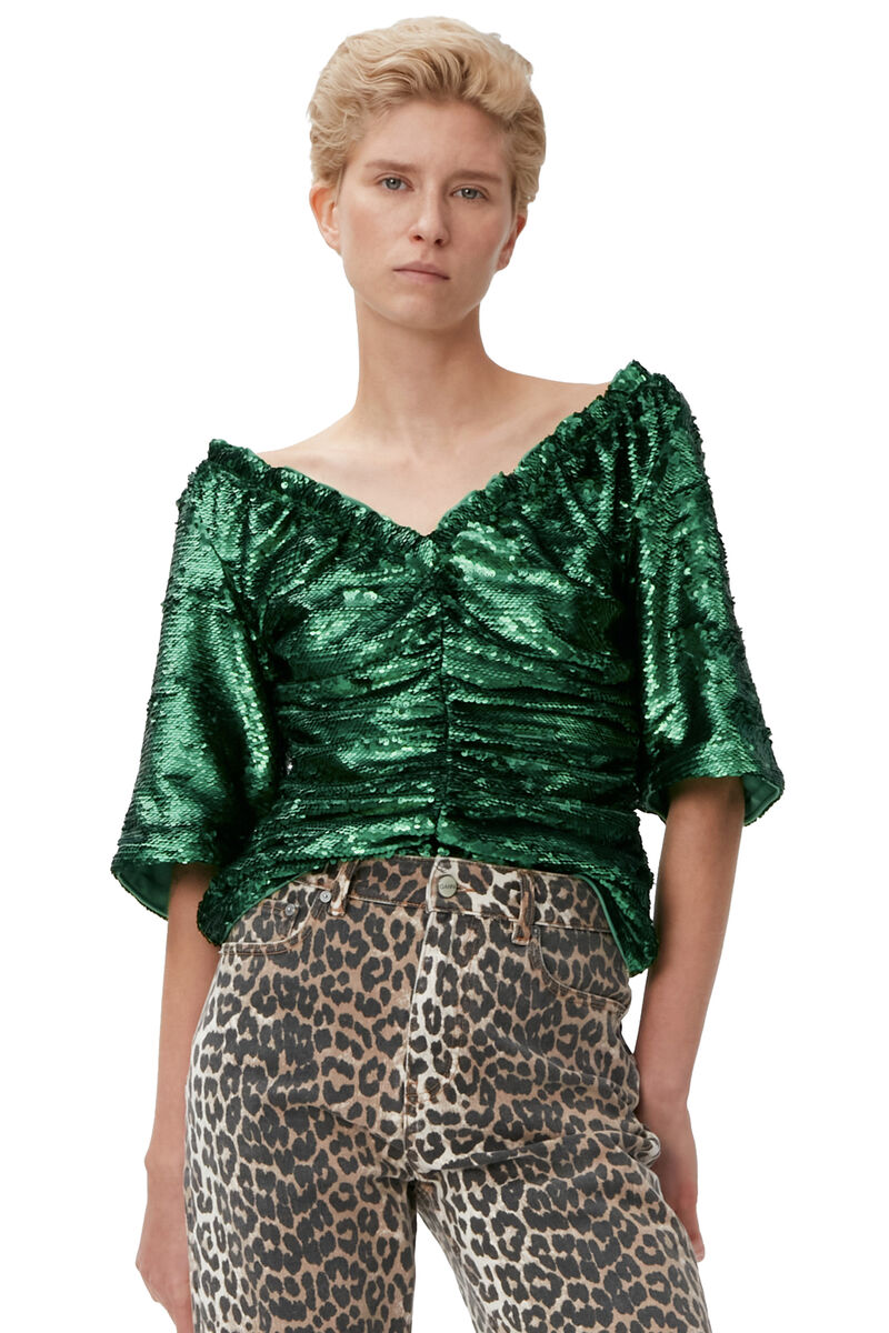 Sequinned Blouse, Polyester, in colour Kelly Green - 1 - GANNI