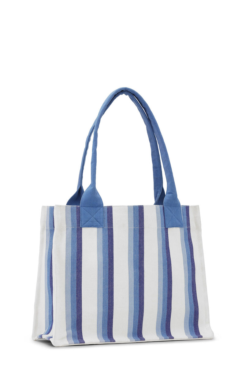 Blue Large Striped Canvas Tote väska, Recycled Cotton, in colour Dark Blue - 2 - GANNI