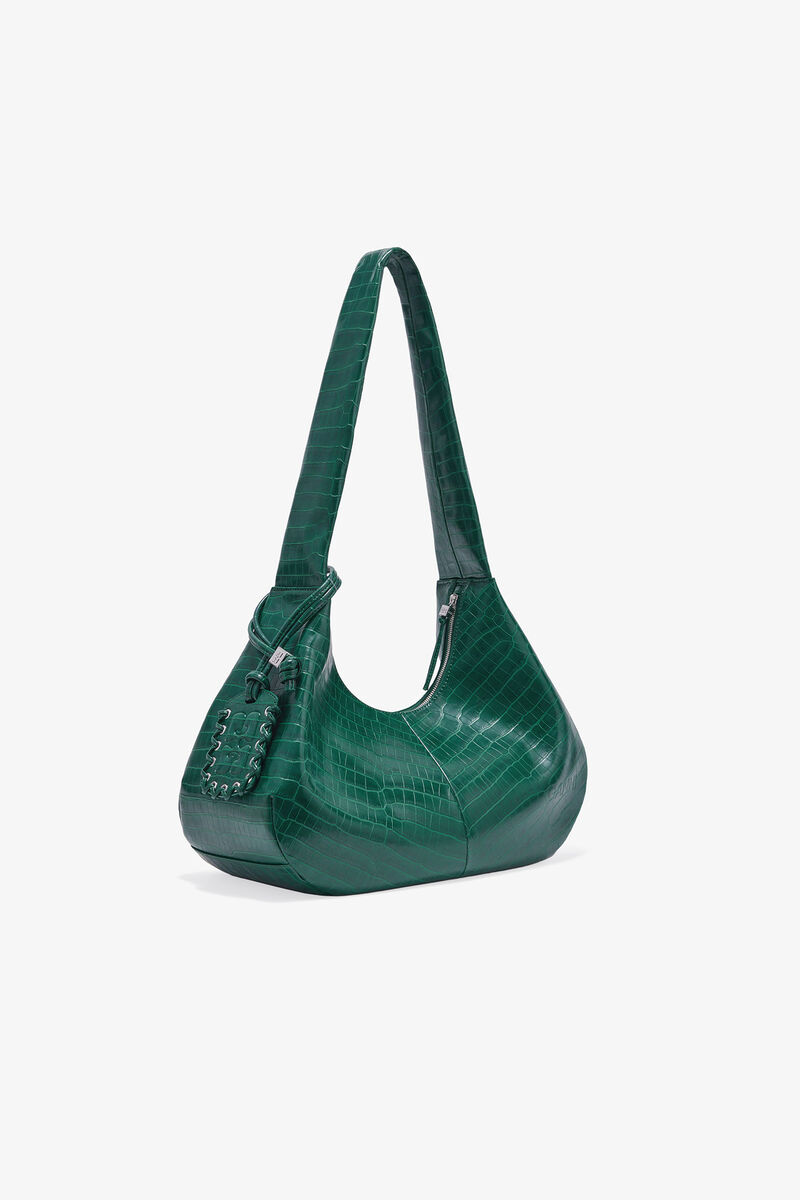 Mittelgroße Croco-Hobo-Tasche in Grün, Lyocell, in colour Pineneedle - 2 - GANNI